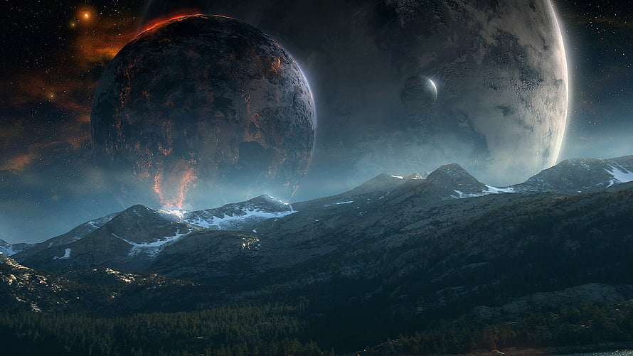 Cybertron Planet Sci-Fi Landscape With Volcanic Moon And Snowy Mountain Range HD wallpaper