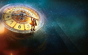 Boy Standing on Giant Clock Face in Cosmic Space with Starry Background HD wallpaper