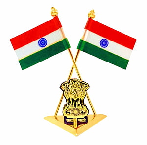 Crossed Indian National Flags with Golden State Emblem on White Background HD wallpaper
