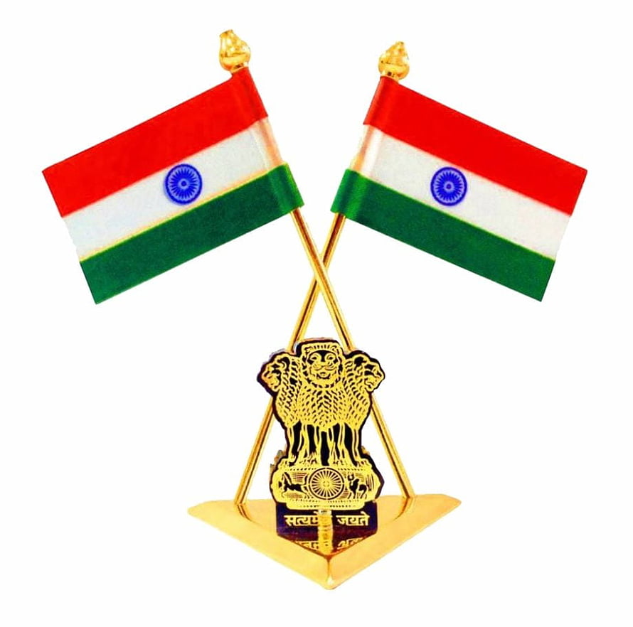 Crossed Indian National Flags with Golden State Emblem on White Background HD wallpaper