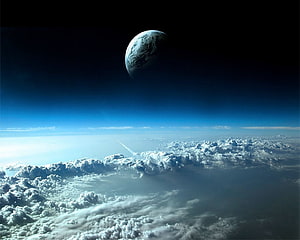 Earth and Moon Viewed from Above the Clouds in Deep Space HD wallpaper