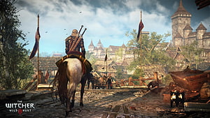 The Witcher 3 Wild Hunt: Geralt Riding Through a Medieval Village HD wallpaper
