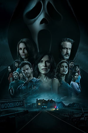 Scream 2022 Movie Poster Featuring Ghostface Mask and Woodsboro Town Setting HD phone wallpaper