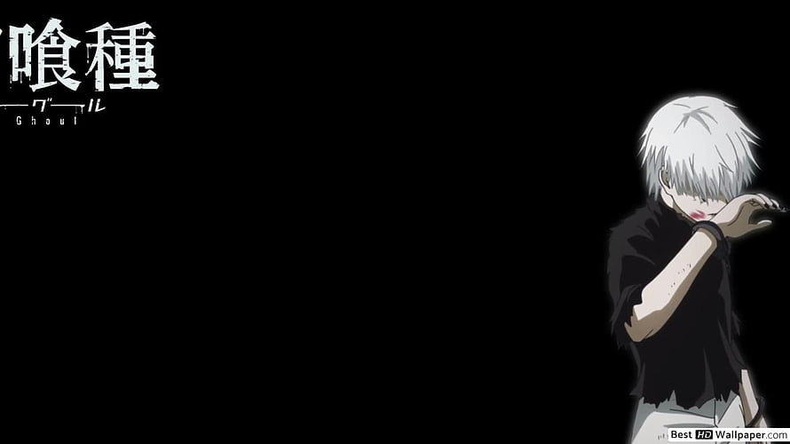 Kaneki Ken from Tokyo Ghoul in a dark minimalist anime scene with white hair and black shirt HD wallpaper