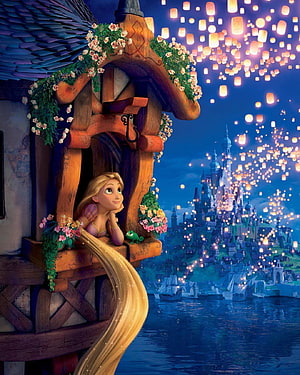Rapunzel from Tangled gazing at floating lanterns over a castle at night HD phone wallpaper