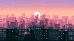 Pixel Art Cityscape at Sunset with Retro Aesthetic and Warm Gradient Sky HD wallpaper
