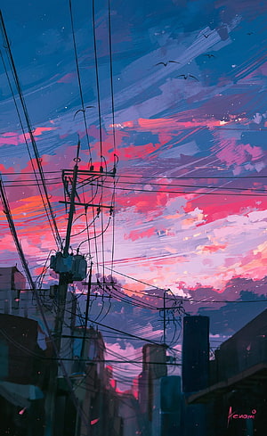 Vibrant Anime Cityscape at Dusk with Silhouetted Power Lines and Electric Sky HD phone wallpaper