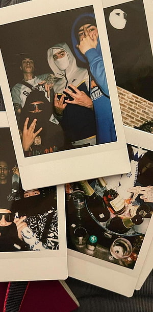 Central Cee Polaroid Photo Collage with Hooded Figures and Luxury Bottles HD phone wallpaper