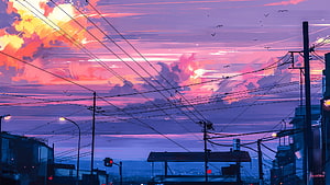 Vibrant Anime Sunset Over Urban Street With Power Lines And Birds HD wallpaper