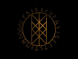 Golden Norse Rune Circle with Viking Futhark Symbols on Black Background HD wallpaper