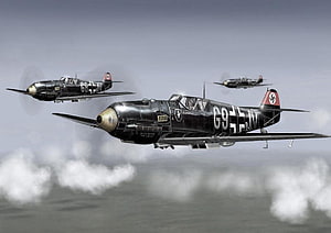 Luftwaffe Messerschmitt Bf 109 Fighter Formation Flying Over Clouds HD wallpaper