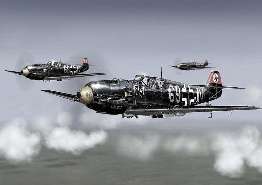 Luftwaffe Messerschmitt Bf 109 Fighter Formation Flying Over Clouds HD wallpaper