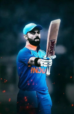 Virat Kohli in India Cricket Jersey Holding Bat with Dramatic Sparks HD phone wallpaper