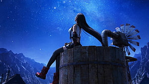 Tifa Lockhart from Final Fantasy 7 Remake Sitting on a Windmill Under a Starry Night Sky HD wallpaper