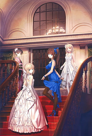 Tsukihime and Kara no Kyoukai Characters in Formal Gowns on Grand Staircase HD phone wallpaper