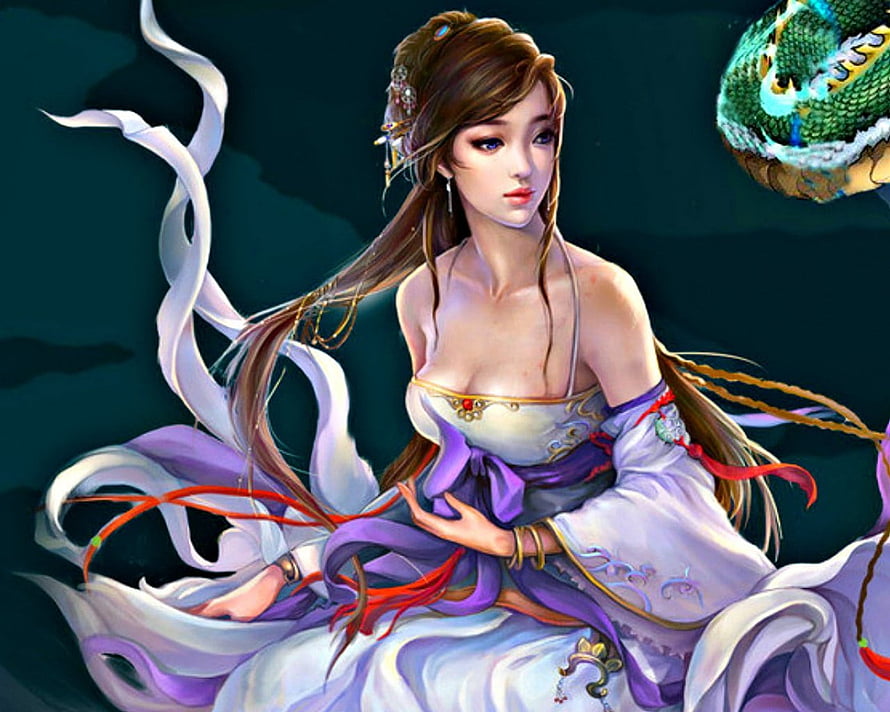 Elegant Fantasy Woman in Flowing White and Purple Robes with Dragon Motif HD wallpaper
