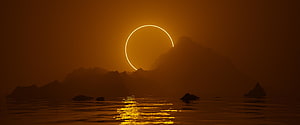 Minimalist Solar Eclipse Over Ocean Horizon in Warm Amber Tones HD wallpaper