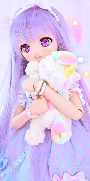 Pastel Purple BJD Doll Holding a White Unicorn Plushie in a Kawaii Style HD phone wallpaper