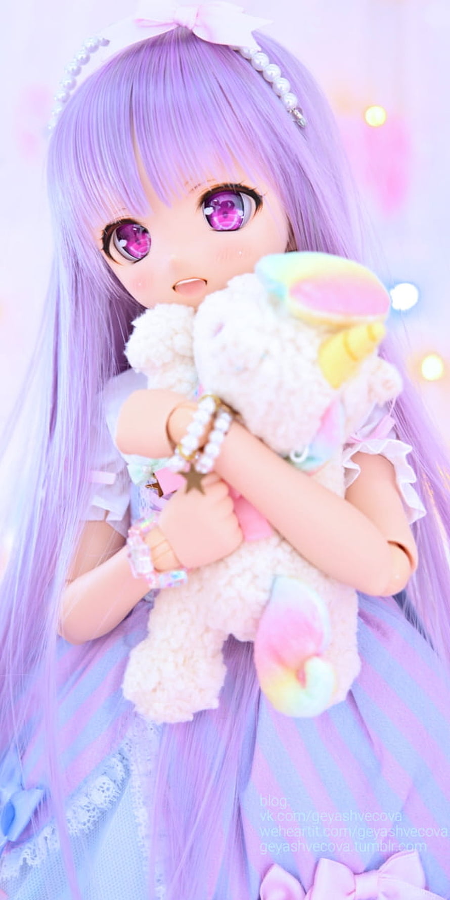 Pastel Purple BJD Doll Holding a White Unicorn Plushie in a Kawaii Style HD phone wallpaper