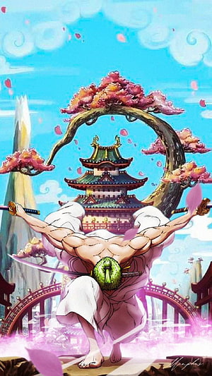 Roronoa Zoro Wano Arc Anime Illustration with Cherry Blossoms and Japanese Castle HD phone wallpaper