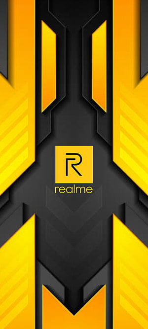 Realme Brand Logo on Black and Yellow Geometric Tech Background HD phone wallpaper