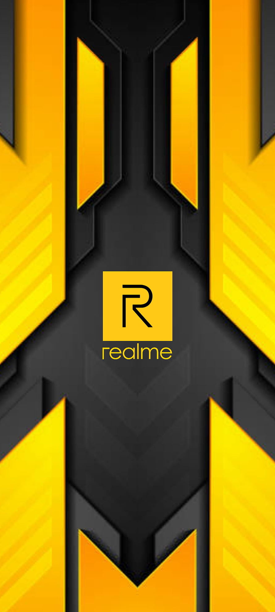 Realme Brand Logo on Black and Yellow Geometric Tech Background HD phone wallpaper