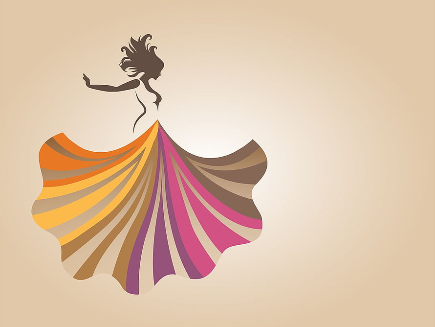 Elegant Fashion Illustration of a Dancing Woman in a Flowing Multicolored Gown, fashion: Fashion Design Background, Fashion Clothes HD wallpaper