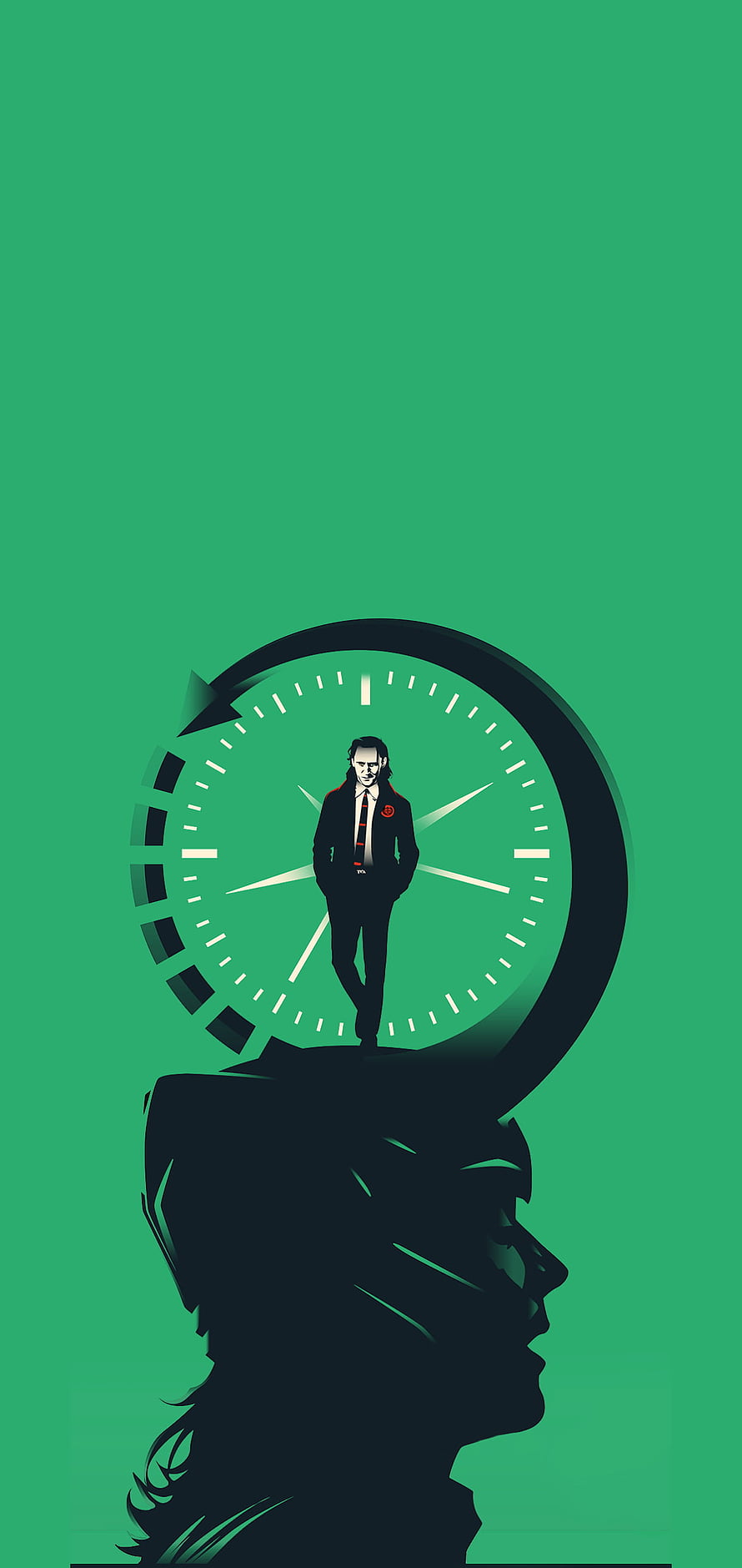 Loki Time Travel Concept Art with Clock and Silhouette on Green Background HD phone wallpaper
