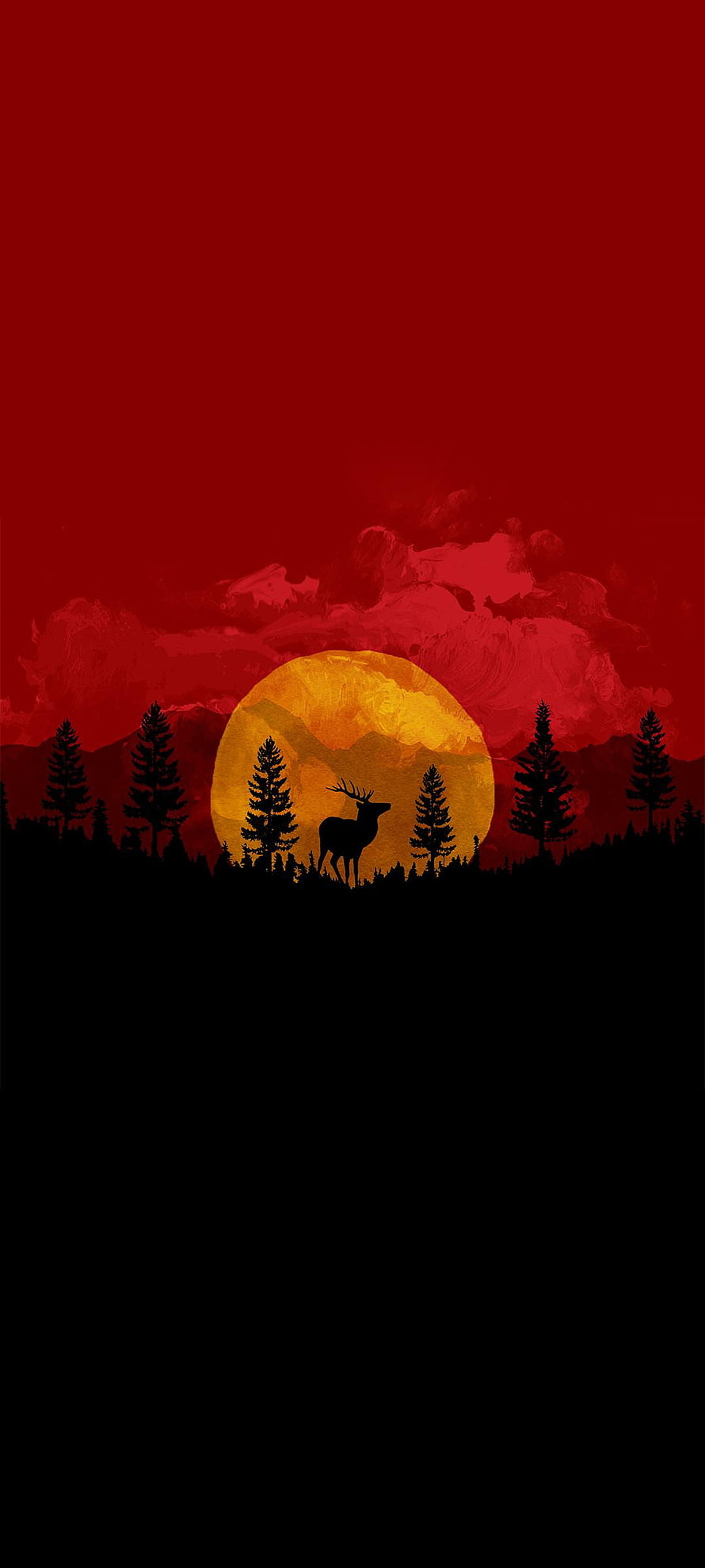 Red Dead Redemption II Silhouette Deer and Pine Trees Against a Crimson Sunset Sky HD phone wallpaper