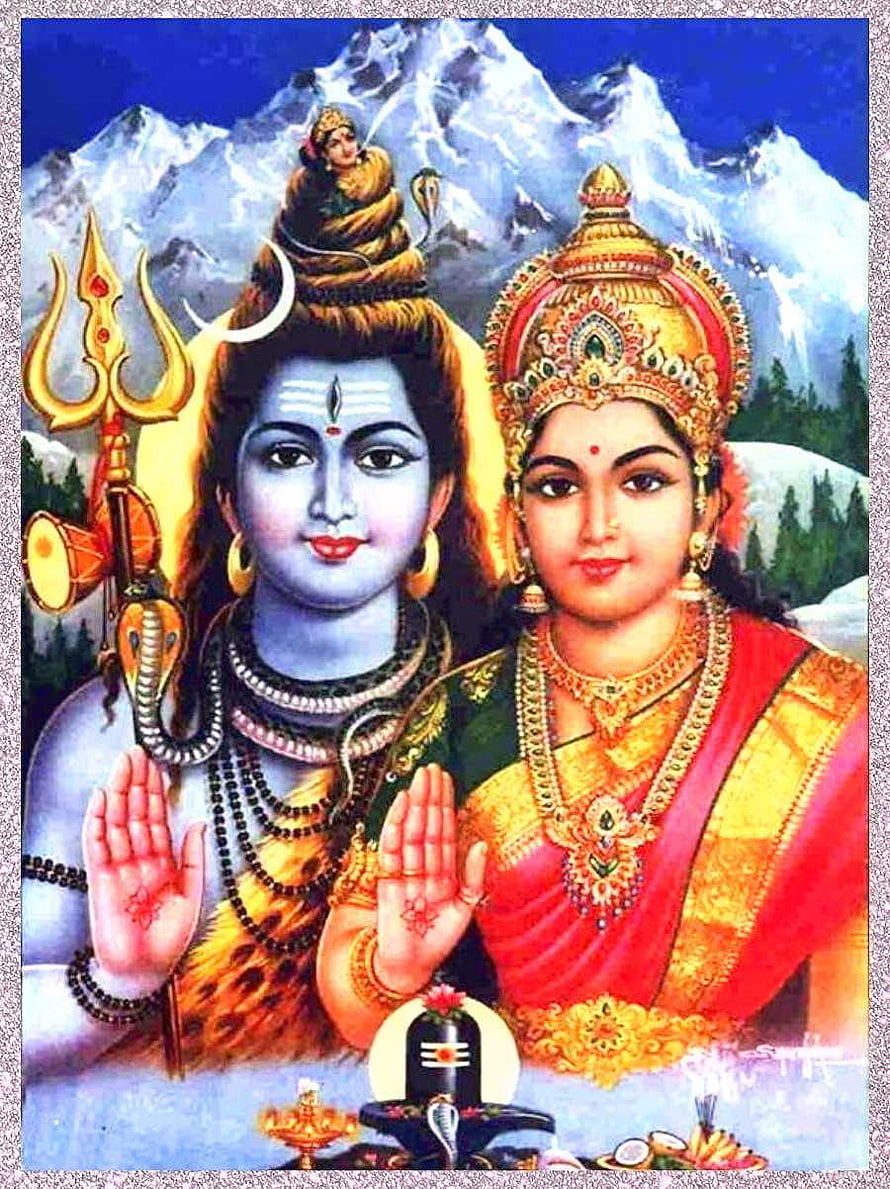Lord Shiva and Goddess Parvati Devotional Portrait with Trishul and Himalayan Peaks HD phone wallpaper