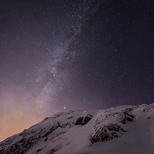 Milky Way Galaxy Rising Over Snow-Capped Mountain Ridge at Night HD phone wallpaper