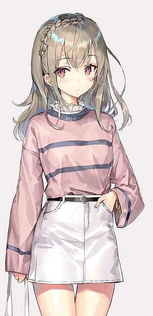 Anime Girl with Braided Hair Wearing Pink Striped Top and White Skirt HD phone wallpaper