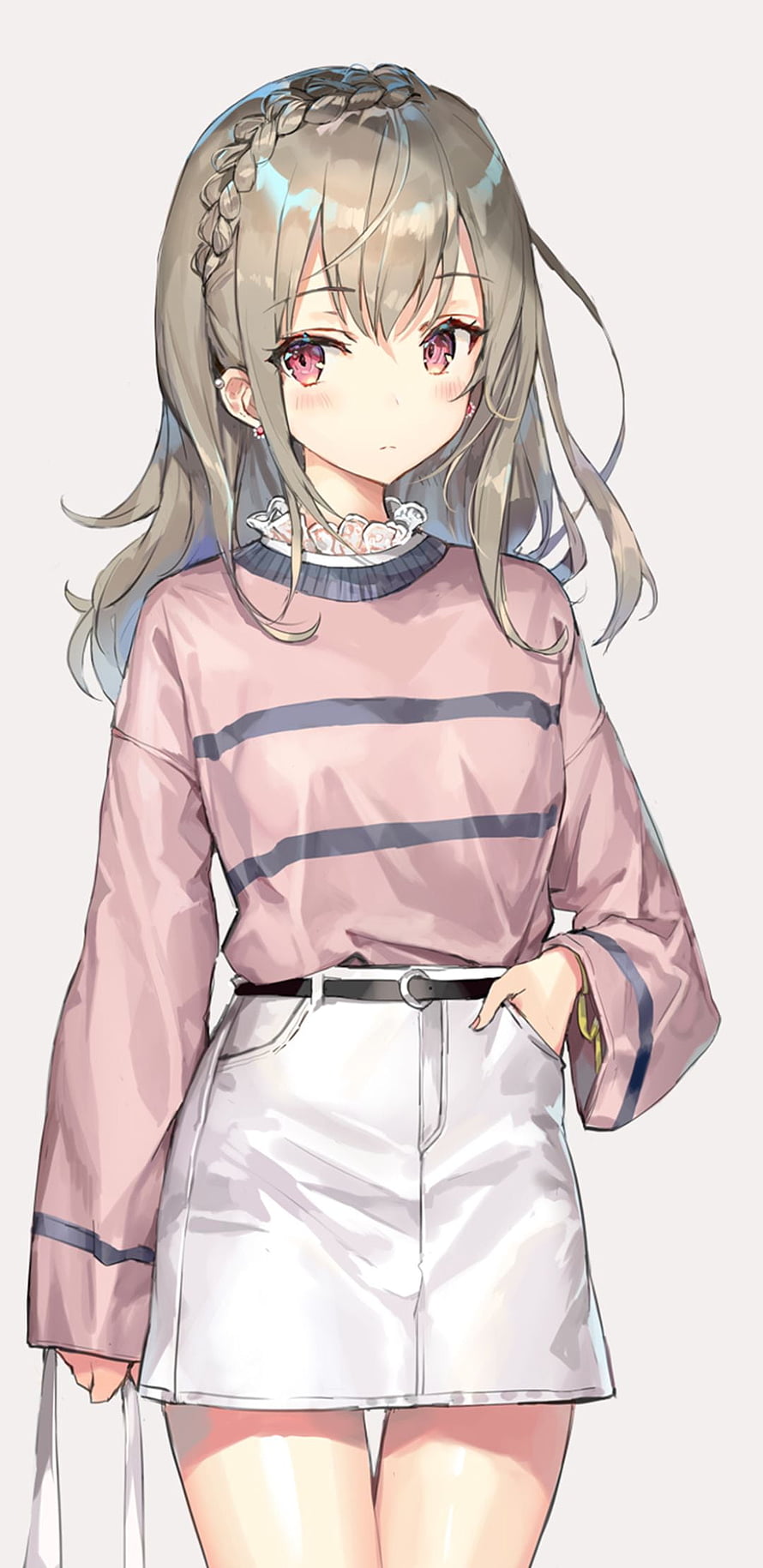 Anime Girl with Braided Hair Wearing Pink Striped Top and White Skirt HD phone wallpaper