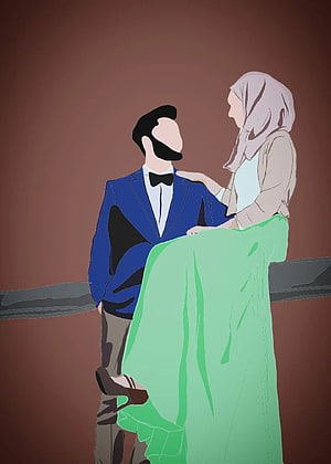Minimalist Islamic Couple Illustration in Formal Attire and Hijab HD phone wallpaper
