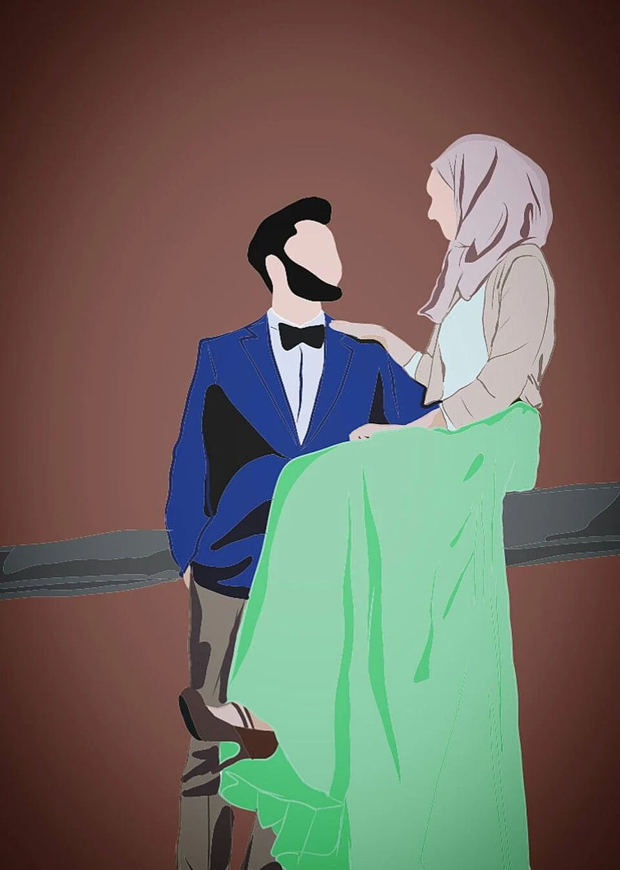 Minimalist Islamic Couple Illustration in Formal Attire and Hijab HD phone wallpaper
