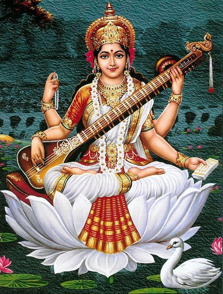 Goddess Saraswati Playing Veena on Lotus with Swan in Traditional Indian Art HD phone wallpaper