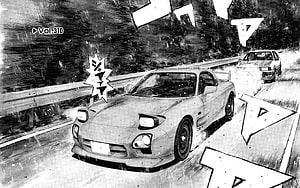 Initial D manga panel featuring a Mazda RX-7 racing on a wet mountain road in the rain HD wallpaper