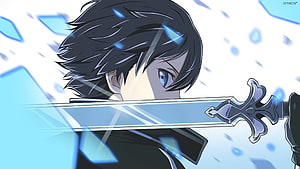 Kirito from Sword Art Online Holding Glowing Blue Sword in Anime Style HD wallpaper