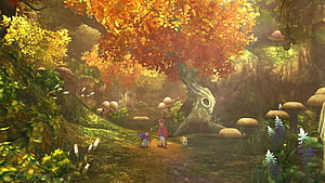 Ni No Kuni Autumn Forest Scene with Characters and Giant Mushrooms HD wallpaper