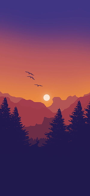 Minimalist Mountain Sunset with Pine Trees and Birds in Flight HD phone wallpaper
