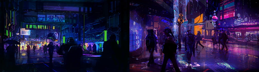 Neon-Lit Cyberpunk City Street with Silhouetted Figures and Rain-Soaked Reflections HD wallpaper