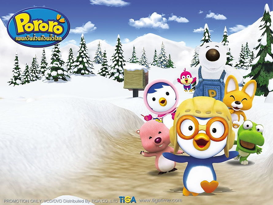 Pororo The Little Penguin and Friends in a Snowy Winter Landscape HD wallpaper