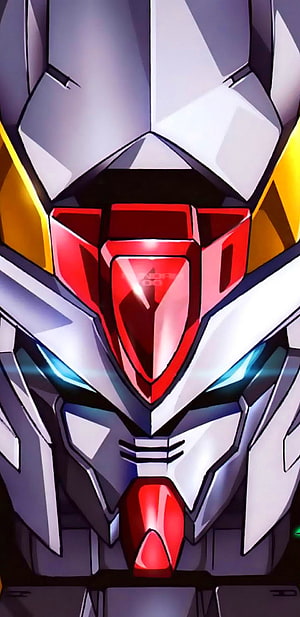 Gundam Head Close-Up with Glowing Blue Eyes and Red Crest HD phone wallpaper