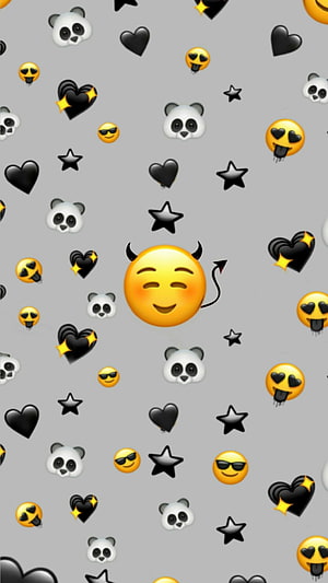 Playful Devil Emoji Pattern with Panda Faces and Black Hearts on Gray Background HD phone wallpaper
