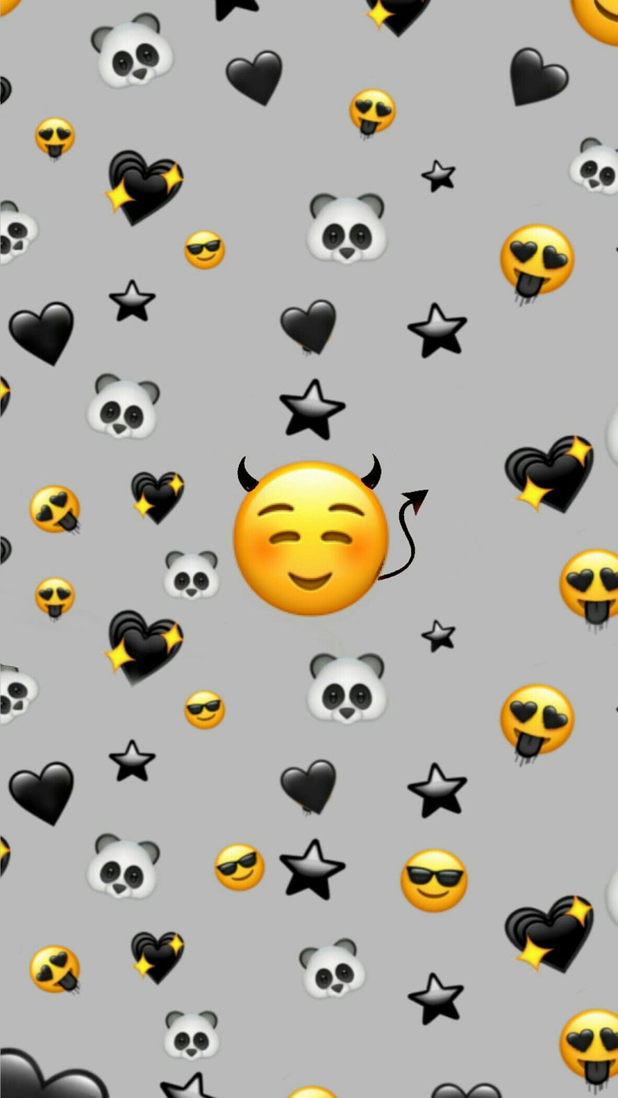 Playful Devil Emoji Pattern with Panda Faces and Black Hearts on Gray Background HD phone wallpaper