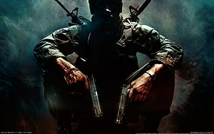 Call of Duty Black Ops Soldier Crouching with Dual Pistols in Dark Smoke HD wallpaper