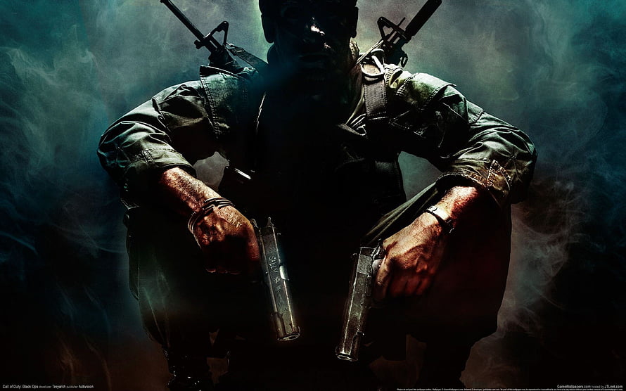 Call of Duty Black Ops Soldier Crouching with Dual Pistols in Dark Smoke HD wallpaper