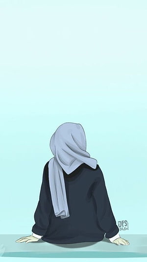 Minimalist digital illustration of a girl in a hijab sitting with a contemplative mood HD phone wallpaper