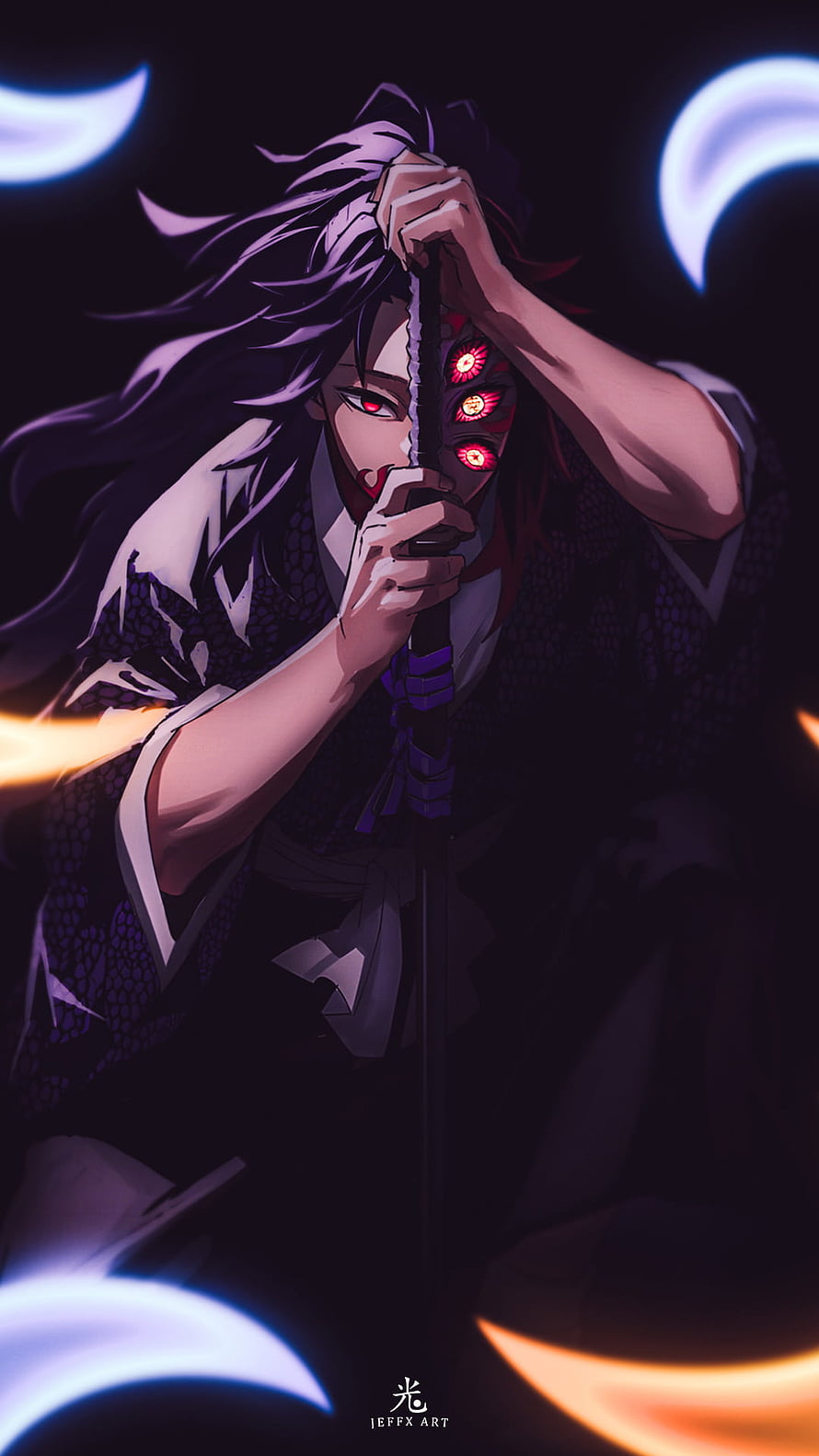 Kokushibo Demon Slayer Anime Character with Glowing Red Eyes and Katana HD phone wallpaper