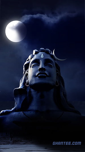 Lord Shiva Statue Under Full Moon With Crescent Adornment HD phone wallpaper